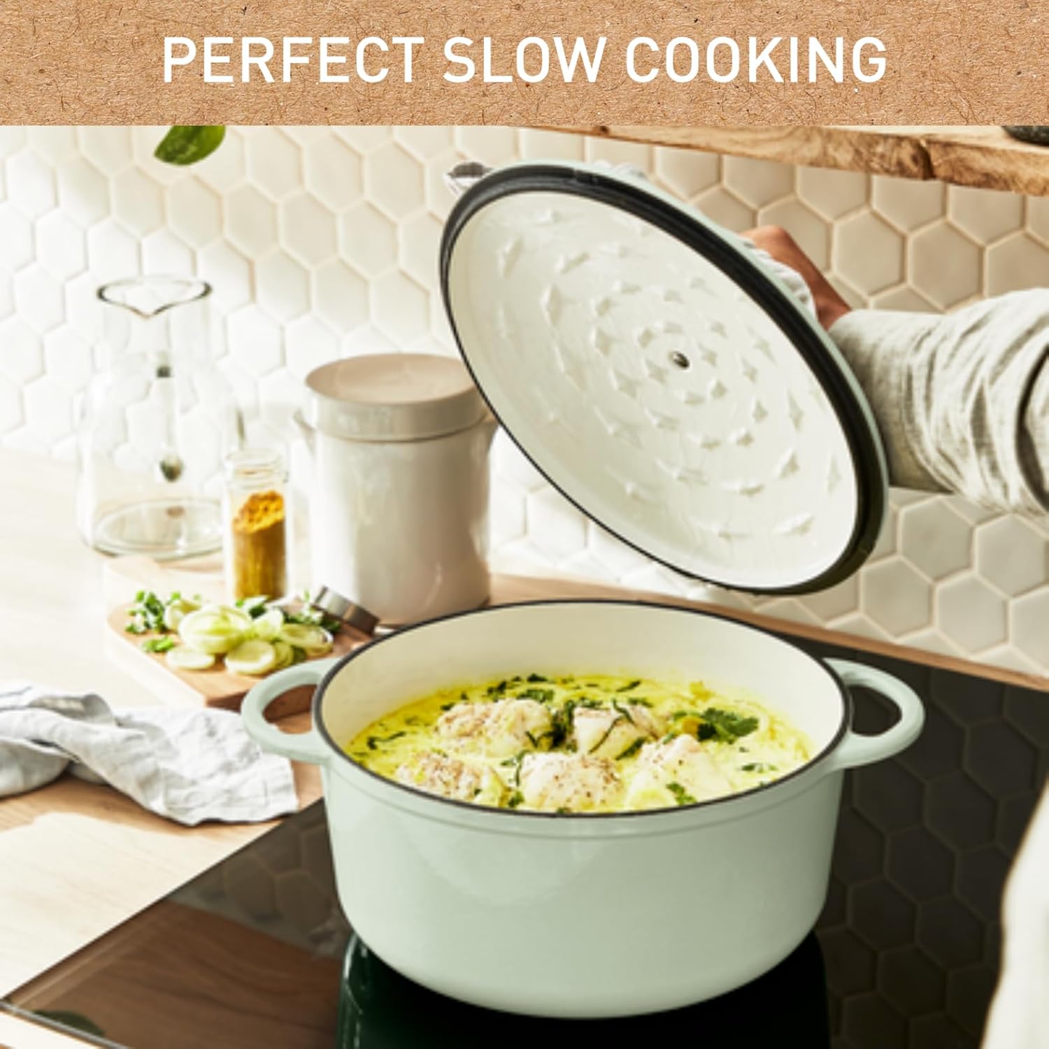 Tefal LOV 29cm Cast Iron Casserole Dish 7.4L Non-Stick Induction Lichen Green - Good Condition