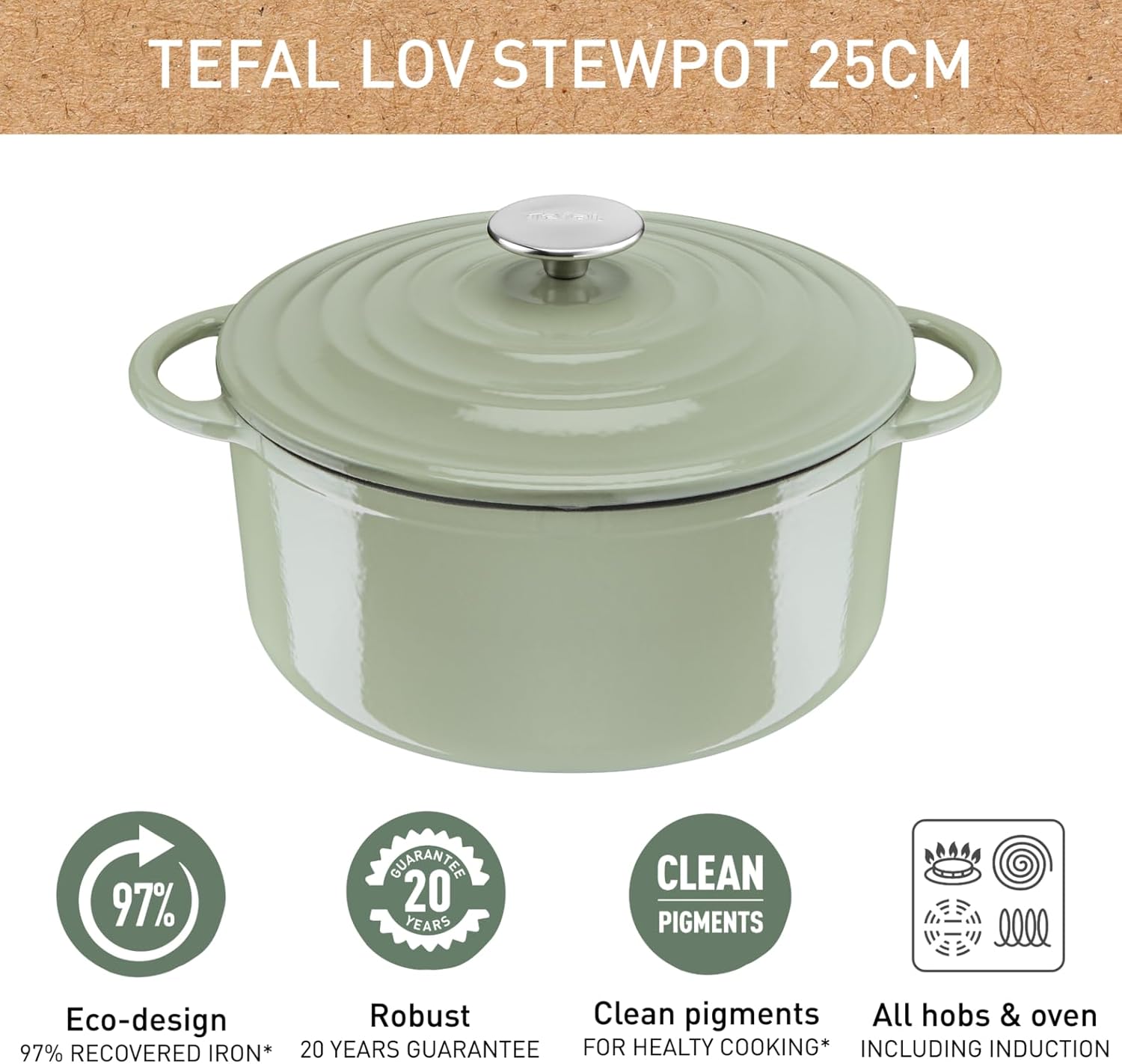 Tefal LOV 29cm Cast Iron Casserole Dish 7.4L Non-Stick Induction Lichen Green - Good Condition