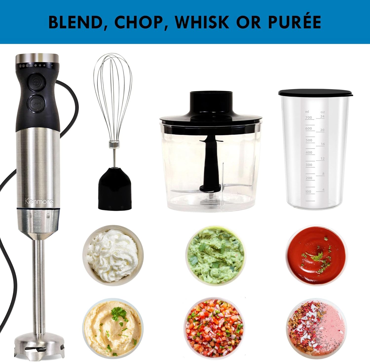 Kenmore Immersion Blender, Variable Speed Multifuctional Blender, Handheld Stick Blender, 4-in-1 - New Condition
