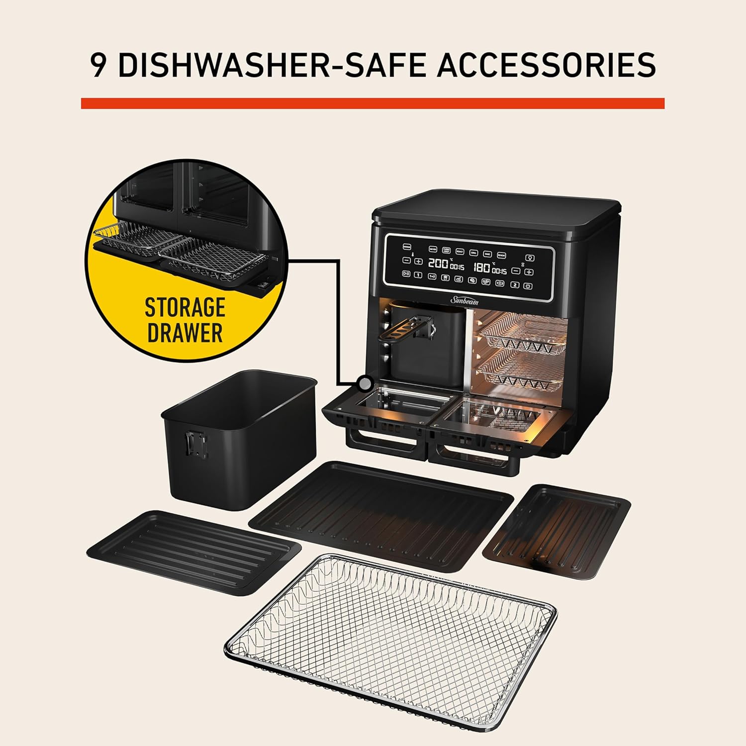 Sunbeam Multi Zone Air Fryer Oven, Convertible Dual 5.5L to Single 11.4L Zone, 9 Accessories, Black - New Condition