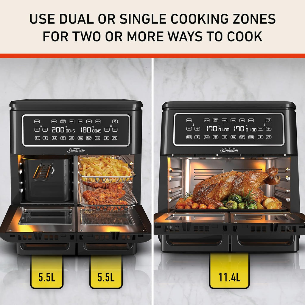 Sunbeam Multi Zone Air Fryer Oven, Convertible Dual 5.5L to Single 11.4L Zone, 9 Accessories, Black - New Condition